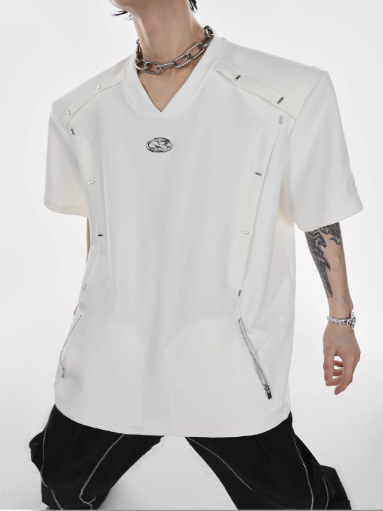 shoulder pads short-sleeved zipper pocket design sense T-shirt  US2022