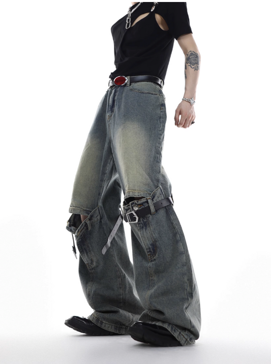 heavy industry hollow loose straight-leg jeans pants  US2023