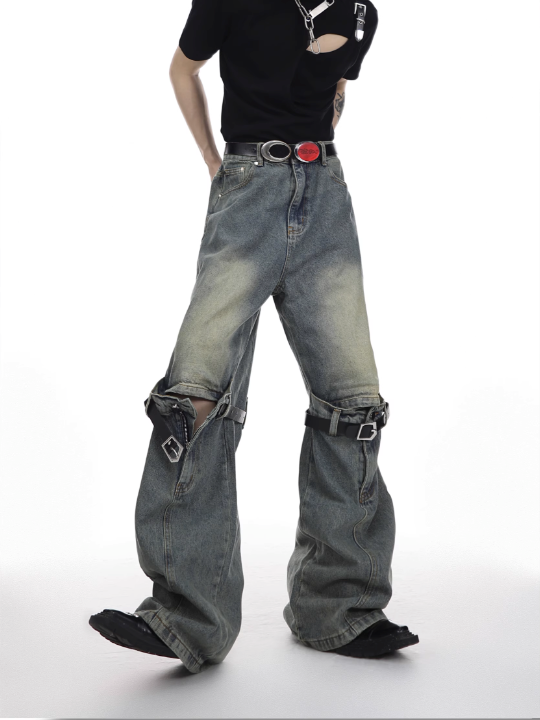 heavy industry hollow loose straight-leg jeans pants  US2023