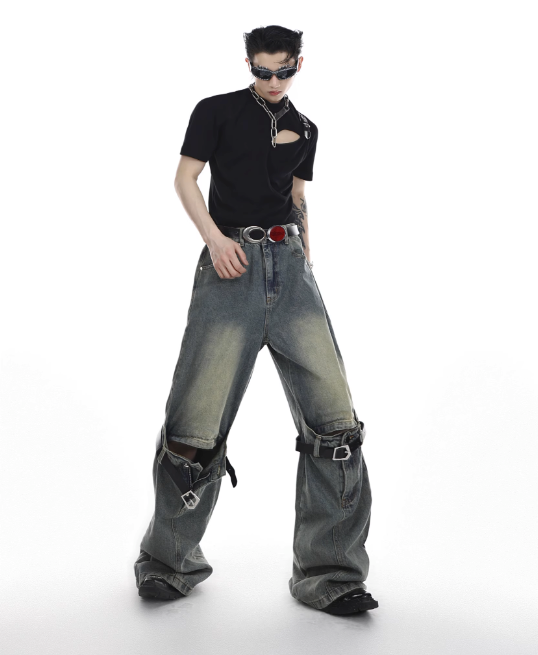 heavy industry hollow loose straight-leg jeans pants  US2023