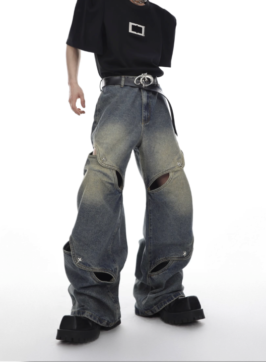 wide-leg jeans heavy industry hollow loose straight-leg pants  US2026