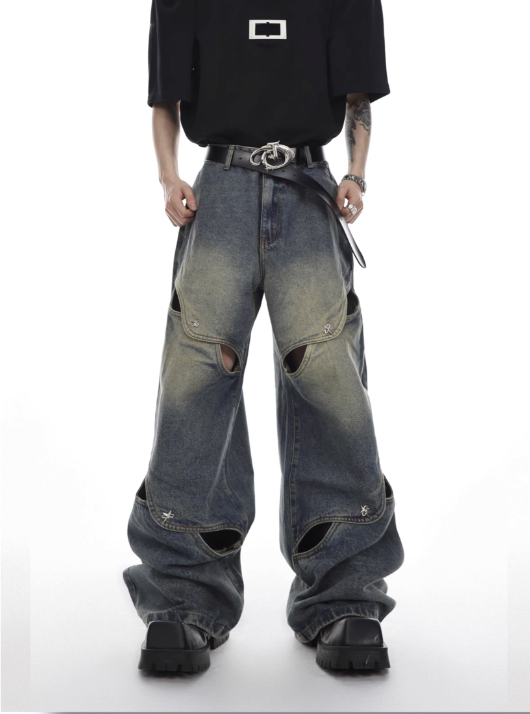 wide-leg jeans heavy industry hollow loose straight-leg pants  US2026