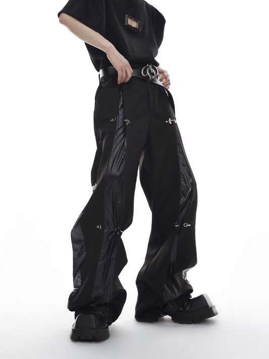 metal aircraft buckle trousers leather splicing design casual straight-leg pants  US2033