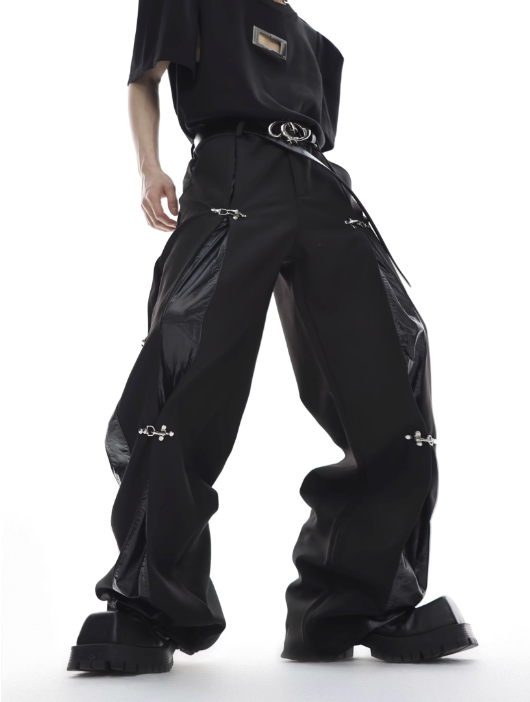 metal aircraft buckle trousers leather splicing design casual straight-leg pants  US2033
