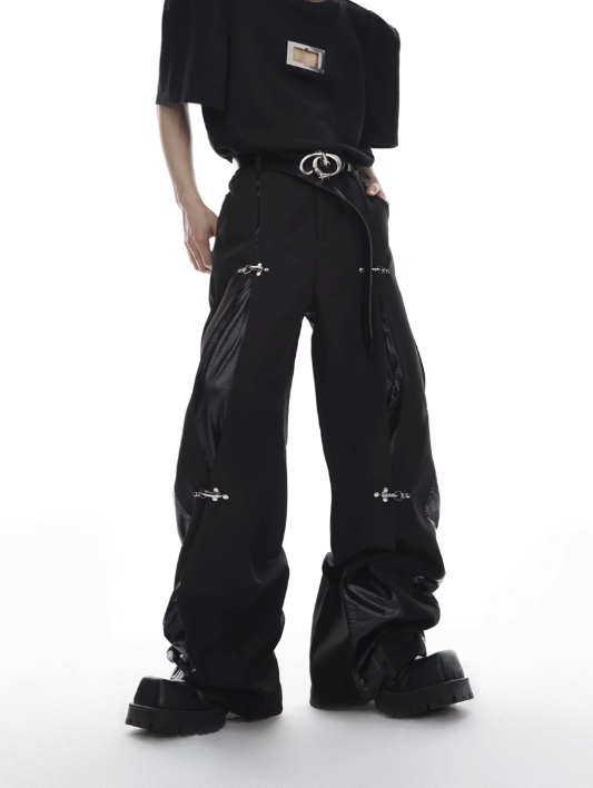 metal aircraft buckle trousers leather splicing design casual straight-leg pants  US2033