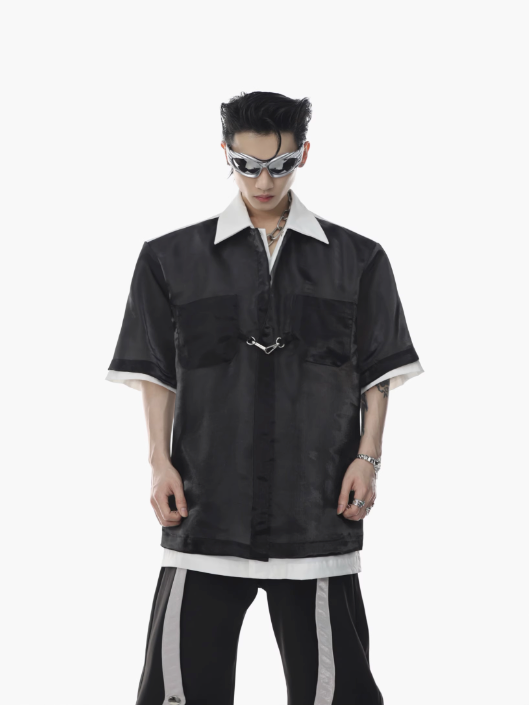 deconstruction double-layer design short-sleeved shirt  US2040