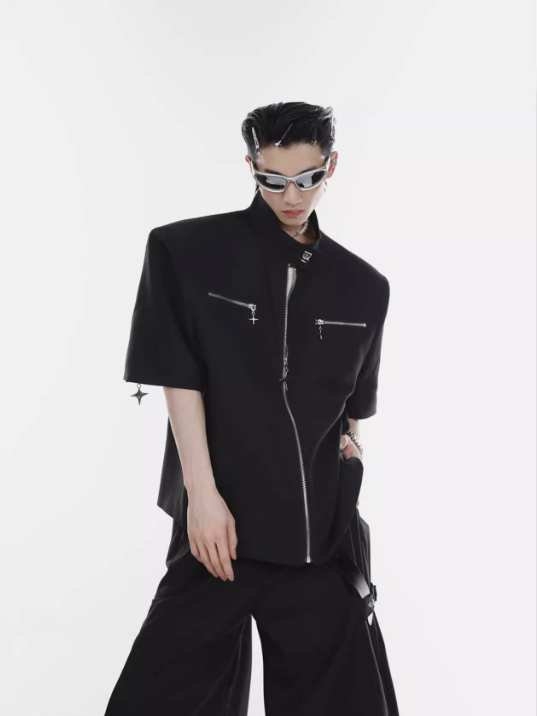 zipper short-sleeved suit small stand-up collar design summer