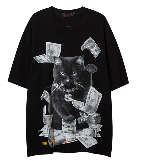 trendy brand dollar gold Persian cat print T-shirt US2055