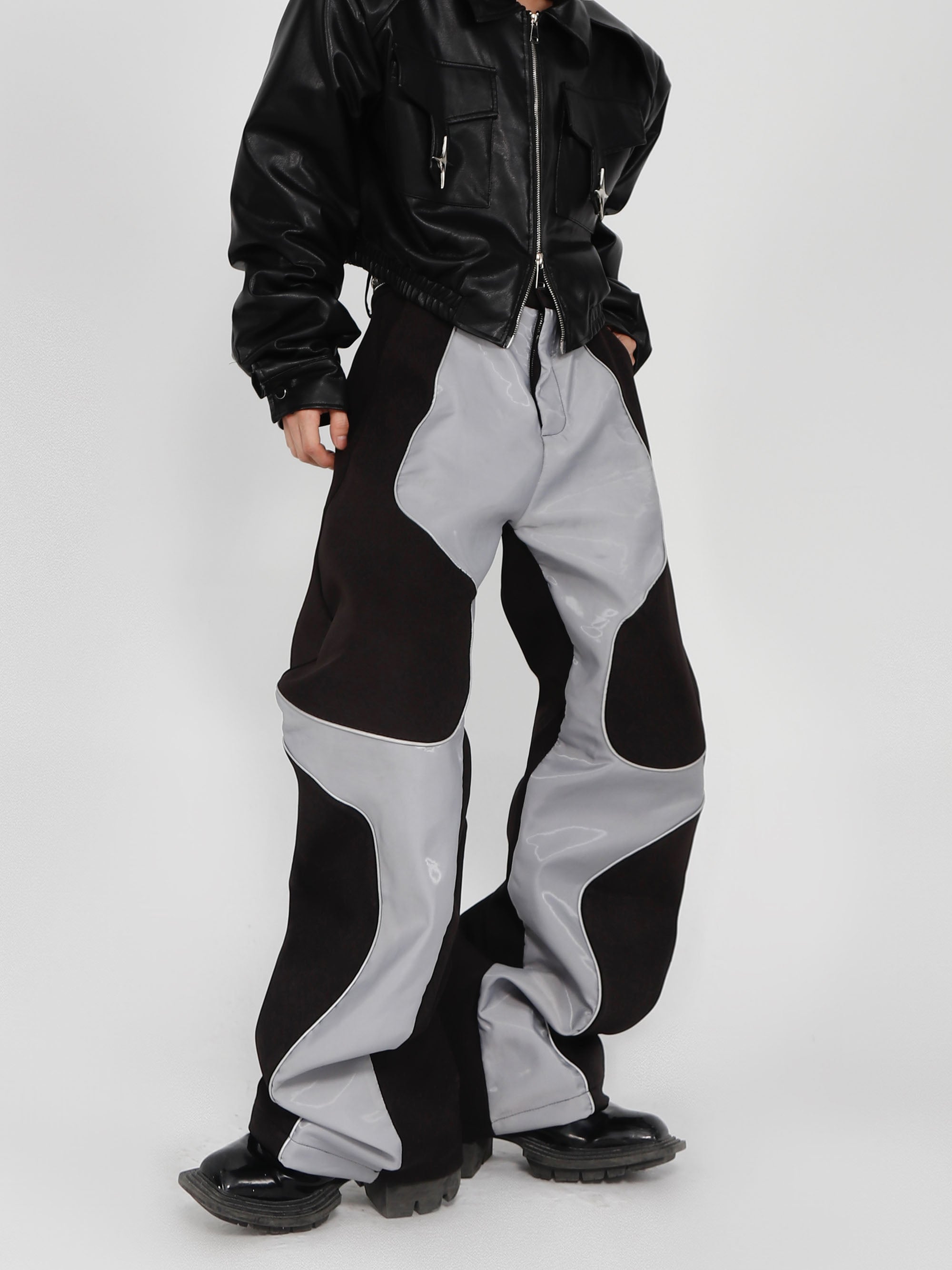 PU leather straight-leg pants reflective high-waist casual