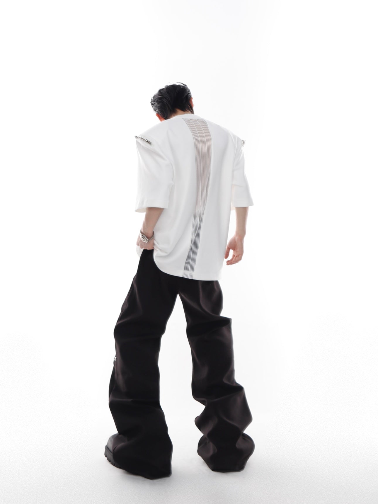 Men Youth Fashion Metal Decor Zipper Shoulder Pads Short Sleeve Loose Shirt  H636