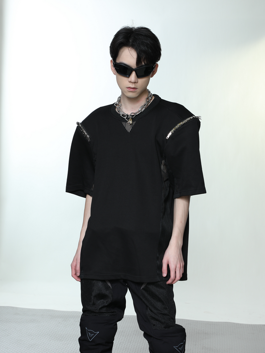 Summer niche deconstructed metal zipper shoulder pad T-shirt  US2014