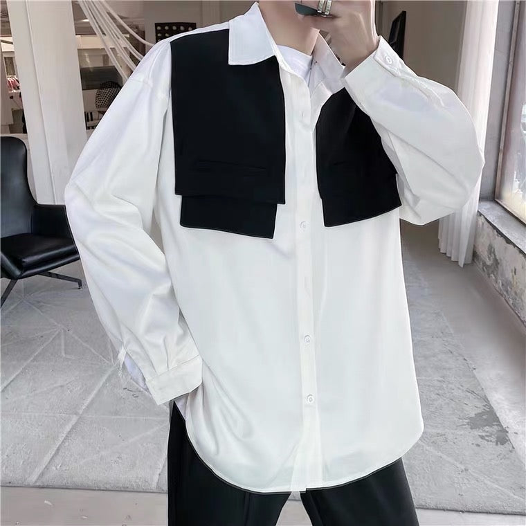 black and white splicing fake two-piece casual shirt  US1159