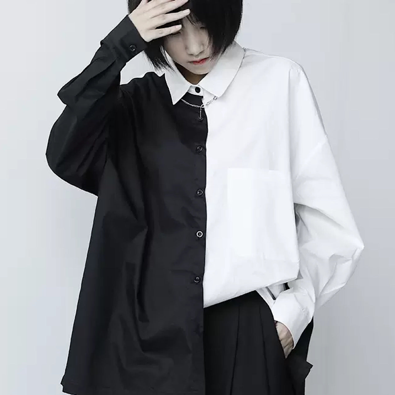 two-tone design long shirt  US1417