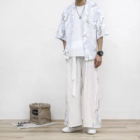 《2 SET ITEMS》crane design shirt and pants set  US1697