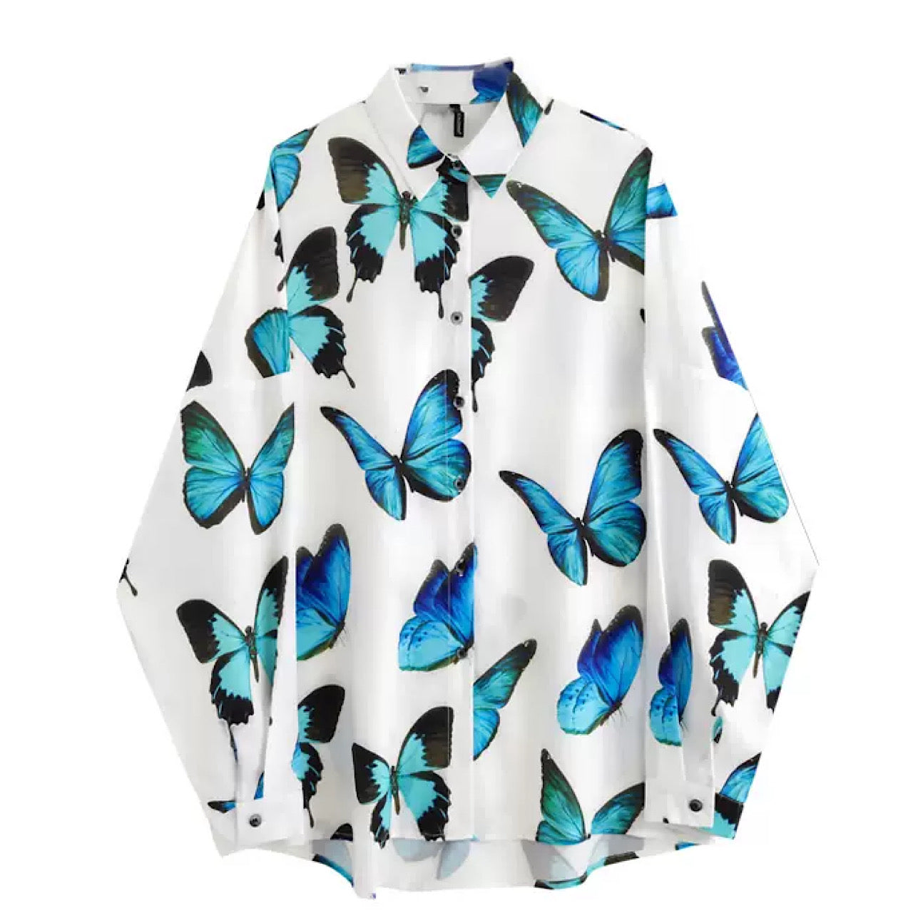 blue butterfly white shirt  US1089