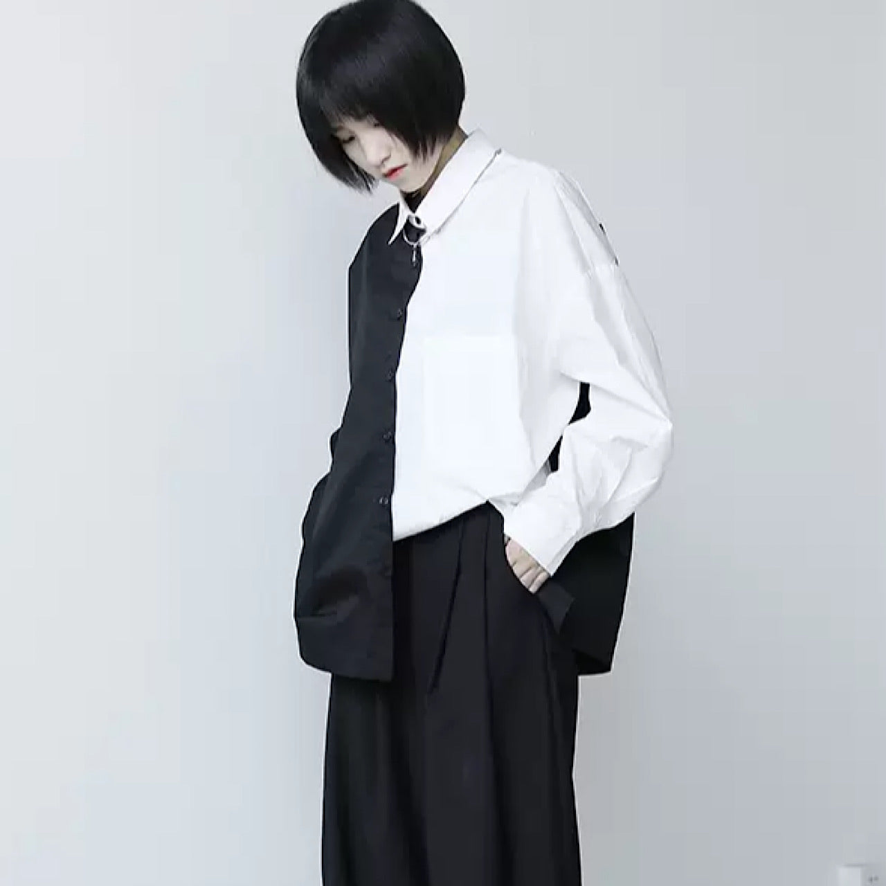 two-tone design long shirt  US1417